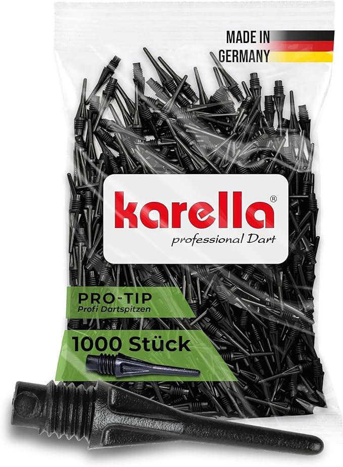 Karella Profi Dartspitzen Pro-Tip, Made in Germany, 1000 Stück, 2BA Gewinde, extrem formstabile Softdart „Ersatzspitzen“ aus Spezialkunststoff, Soft Tips, Softdart Spitzen, schwarz
