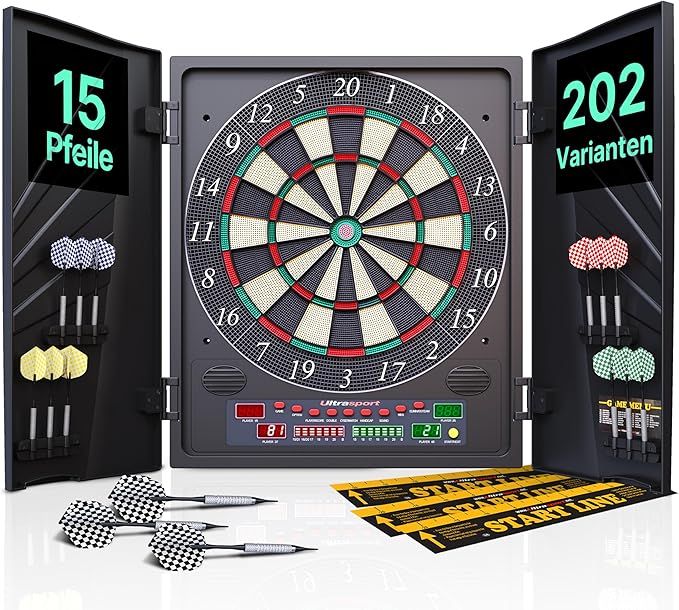 Ultrasport Elektrische Dartscheibe mit oder ohne Türen, Stahldarts mit Kunststoffflügeln für klassisches Dartscheibe, geeignet für Partys und Spieleabende
