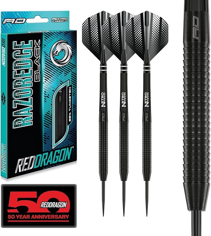 RED DRAGON Razor Edge Black Dartpfeile Tungsten Profi Steel Darts mit Flights und Schäfte