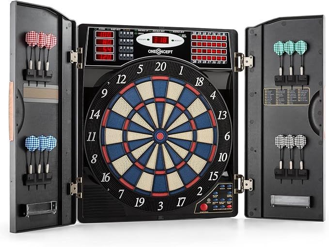 Oneconcept Masterdarter - Dartautomat elektronisch, Dartboard, E-Darts, Dartautomat mit Spielcomputer, 38 Verschiedene Spiele, 211 Spielvarianten, bis zu 16 Spieler, virtueller Gegner