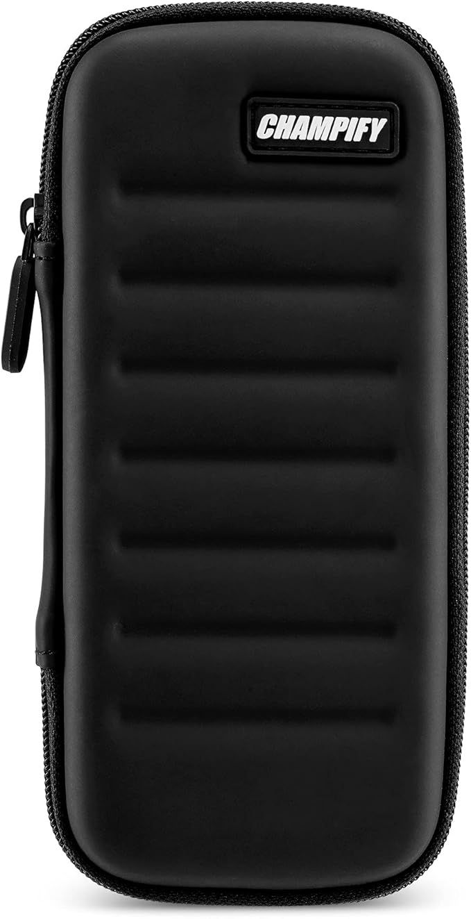 Champify® Darttasche schwarz mit Haltesystem gegen Verrutschen der Dartpfeile | Hard-Case zum Schutz für 3 Steeldarts oder Softdarts und vielen Taschen für Dart Flights und weiteres Zubehör