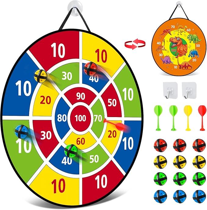 Dartscheibe für Kinder - 26 inches, Montessori Spielzeug Dinosaurier Thema Dart Board mit 12 Bällen Brettspiele Toy, Oppelseitige Safe Game Geschenk Outdoor Indoor Spiel Wahl,66cm