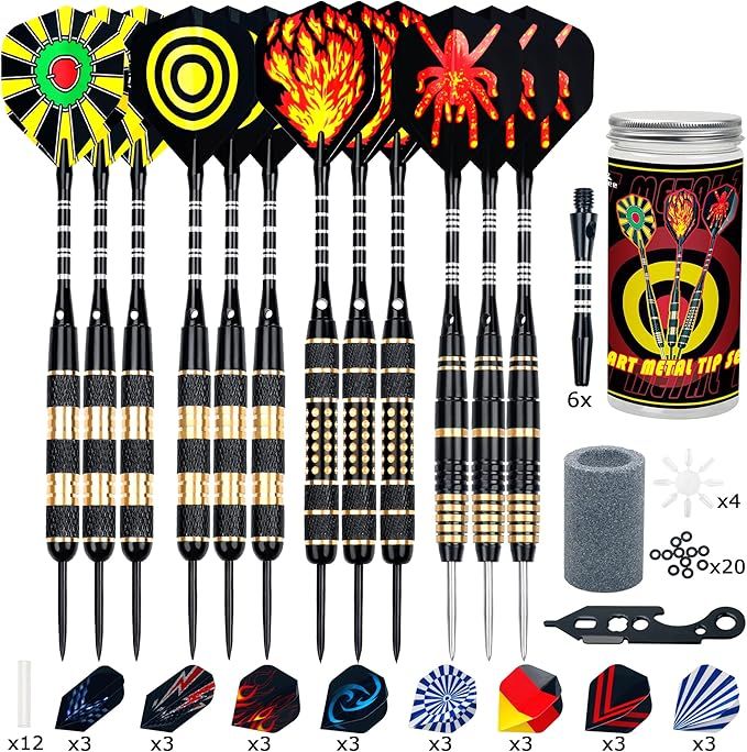Alyoen 12 Stück Dartpfeile Metallspitze,20/24/26Gramm Profi Dartpfeile,Darts Sets mit Aluminium Schafts Flights Sharpener Beschützer Rubber O's Rings Multi Purpose Dart Tool