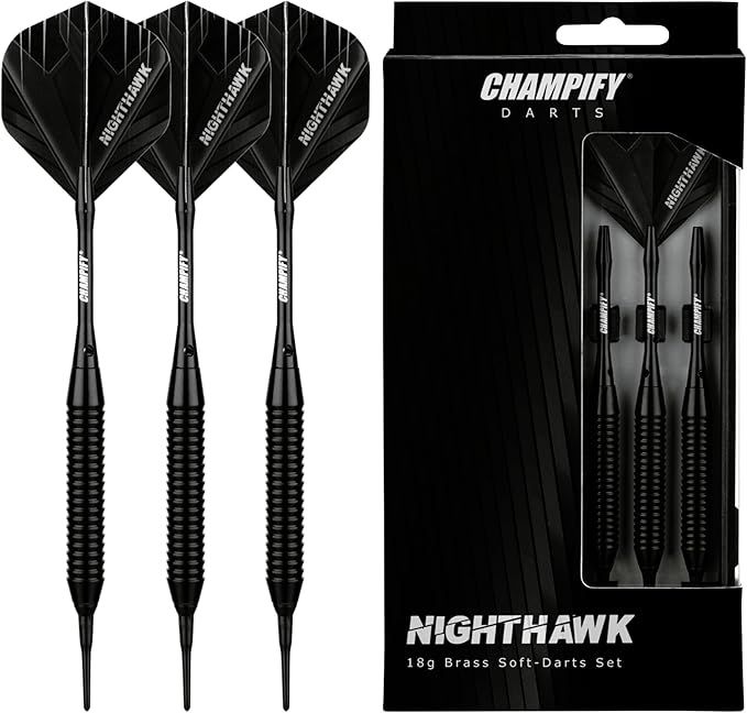 Champify® 18g Brass Soft-Darts Set mit Kunststoff-Spitze | 3 Dartpfeile mit 6 Schäften & 6 Flights & 30 Softdart-Spitzen | inkl. weiteres Zubehör | Dartpfeile mit Plastik-Spitzen
