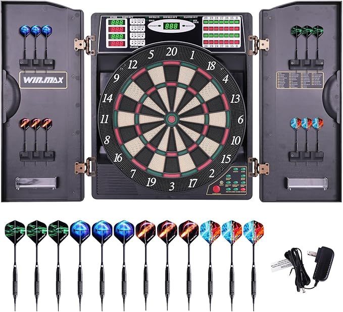 WIN.MAX Elektronische Dartscheibe Profi Set mit 211 Varianten für 1 bis 16 Spieler mit 12 Darts + 12 Flights 100 Pfeilspitzen Zubehör