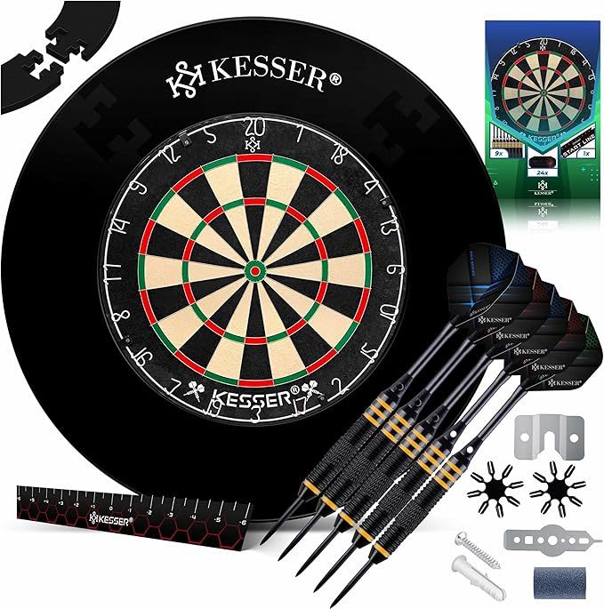 KESSER® Dartscheibe kork mit 9 Dartpfeile Professional Dartboard + 21 Pro Flights + Zubehör Steeldart Offizielles Dartscheibe 9 Pfeilen Metallspitze Profi Steeldartscheibe - Dartboard inkl. Montageset