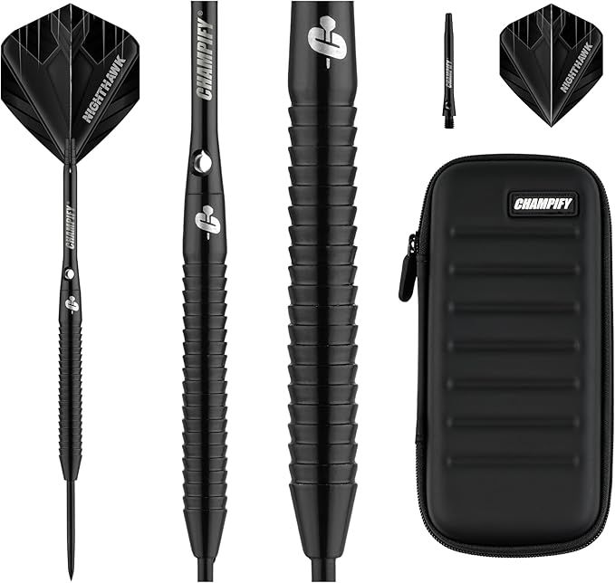 Champify® 90% Tungsten Darts Set mit schwarzer Darttasche| 3 Steeldarts mit 9 Alu-Schäften & 9 Flights | Dart Set mit Zubehör | Dartpfeile mit Metallspitze