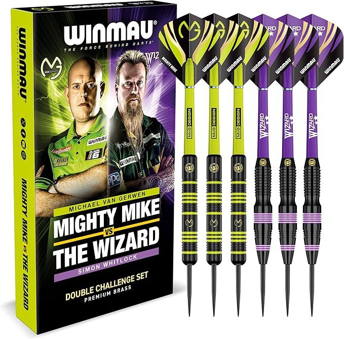 WINMAU Darts Michael „MvG“ Van Gerwen gegen Simon „The Wizard“ Whitlock | Doppelset | 22 g Steeltip-Messing-Dart-Set mit Flights und Schäften (Schäfte)