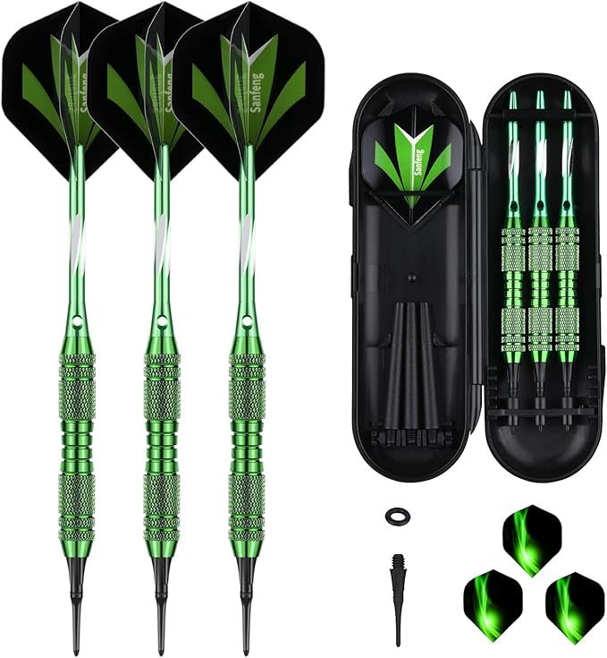 Dartpfeile mit Kunststoffspitze 18 / 20 Gramm, 3 Stück Profi Softdarts mit Brass Barrel für Elektronische Dartscheibe, 6 Aluminum Shafts Flights 50 Anti-Lose Gummiringe 50 Spitzen, Lila Blau Grün